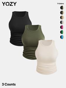 YOZY 3 Counts Plain Ruched Crop Tank Top/ Casual Sleeveless Round Neck Ribbed Cropped Top, Women's Summer Outfits for Daily Wear, Crewneck Summer Sets, Minimalist Womenswear, Tanktop
