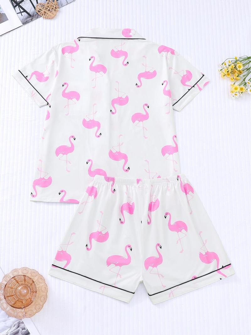 Product Introduction of Two-piece Set Women's All Over Flamingo Print Short Sleeve  Pajama Set, Casual Comfy Lapel Neck Button Front Top & Elastic Waist Shorts Pj Set, Ladies Sleepwear for All Seasons 7