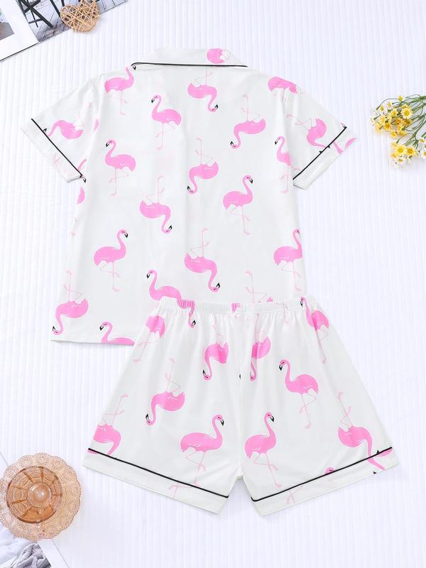 Two-piece Set Women's All Over Flamingo Print Short Sleeve  Pajama Set, Casual Comfy Lapel Neck Button Front Top & Elastic Waist Shorts Pj Set, Ladies Sleepwear for All Seasons 6