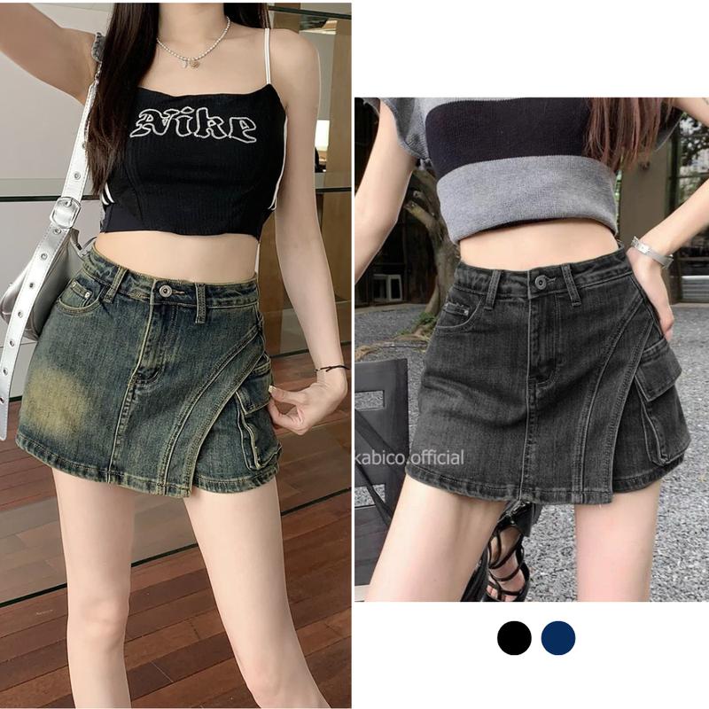 Quần short jean nữ cạp cao giả váy, quấn short jean KABICO tôn dáng phong cách_C45