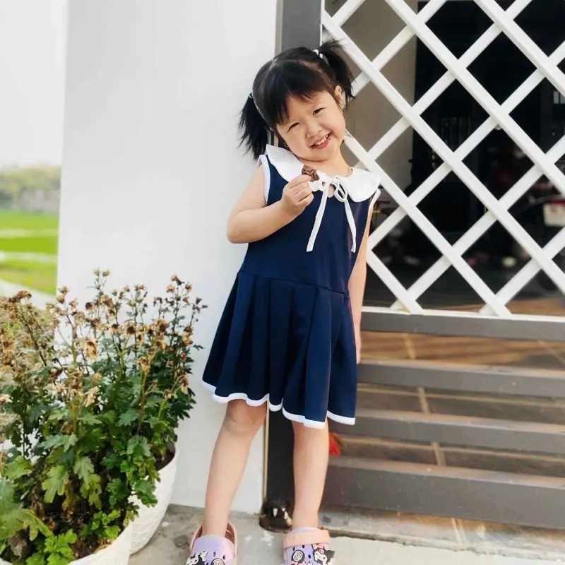 (ĐẦM)VÁY LIỀN Xếp Ly Cổ Bẻ Dây Nơ Xinh Yêu Bé Gái-Vải Poly Mềm Mịn Thoáng 9-19kg 4