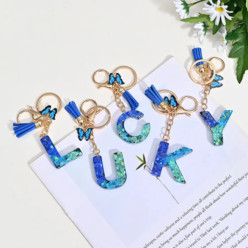 Blue Sequin Filled 26 Letters Keychain with Tassel Butterfly Pendant for Women Bag Ornament Car Key Holder Accessorie Party Gift