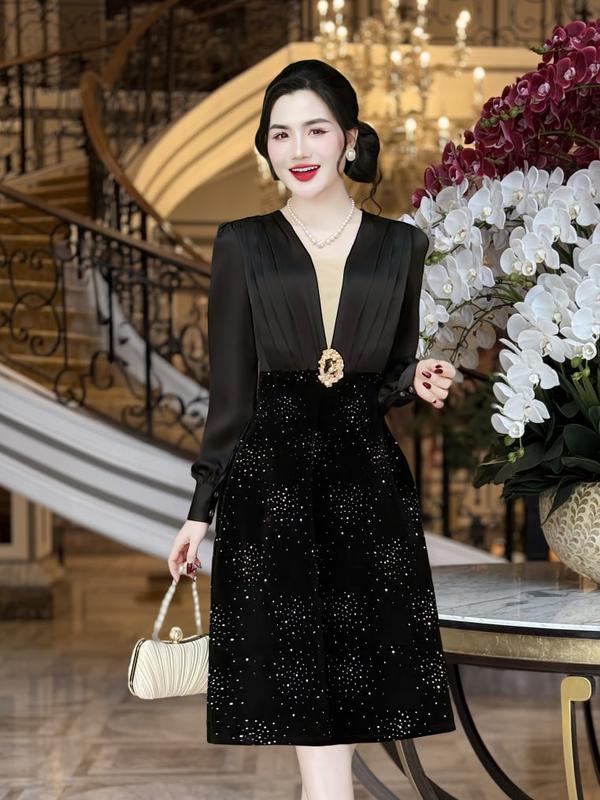 MIỄN SHIP MDU4677 Váy Lụa Phối Nhung Tuyết Ánh Kim Chính Phẩm - Tôn Lên Vẻ Đẹp Tinh Tế Và Sang Trọng Dành Cho Nữ Women Dress