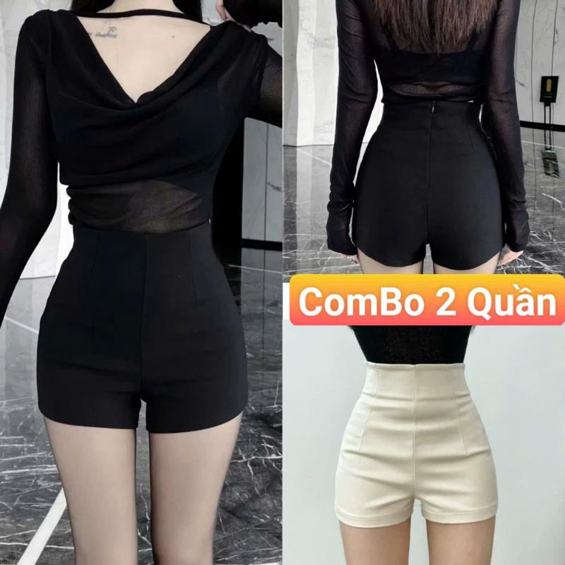 SÉT 2 Quần Short Nữ Lưng Cao Màu Đen Trắng Chất Umi Co Giãn Khóa Sau Dáng Ngắn Kiểu Hàn Quần Đùi Short Cạp Cao Dance Skiny Năng Động Cá Tính Pants Women quan om body quan ngan nu