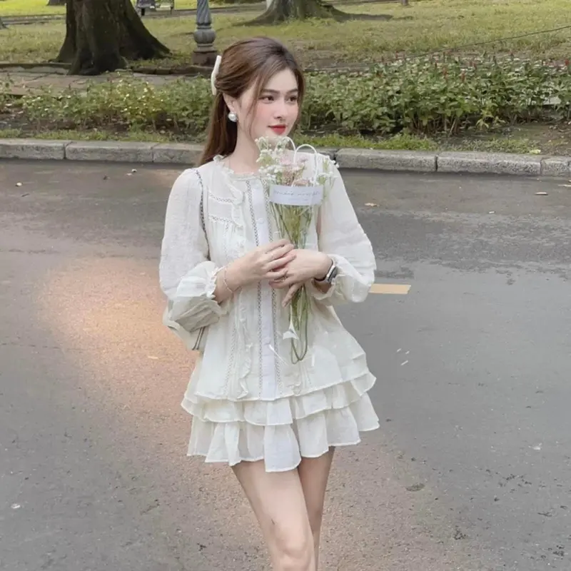 (Full-size 40 – 90Kg) SET ĐỒ BỘ NỮ 4 MÀU DÁNG BABYDOLL TAY DÀI ÁO VIỀN REN BÈO QUẦN GIẢ VÁY TẦNG CHẤT ĐŨI XỐP 135130 Top Women 2