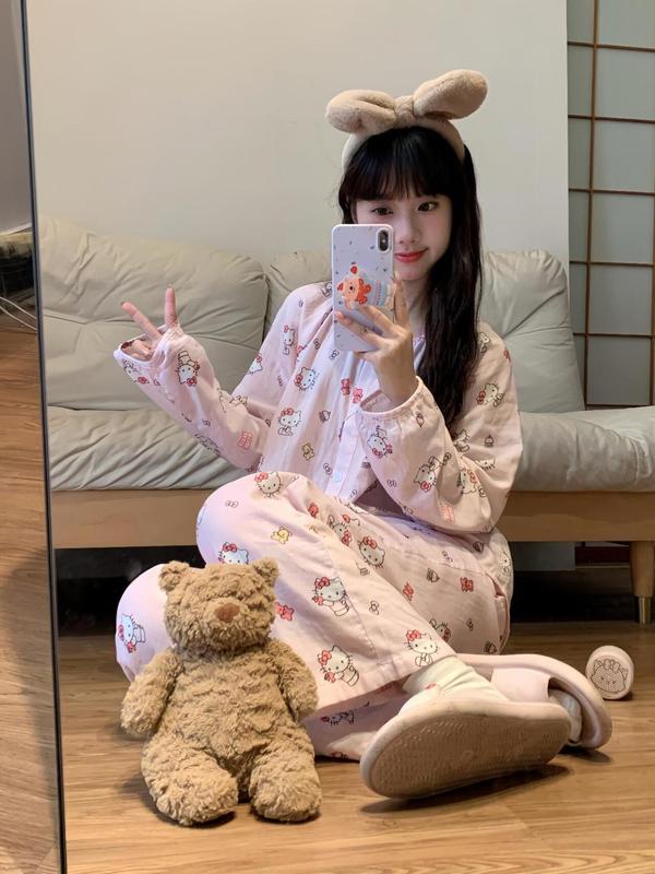 Bộ Đồ Ngủ Hello Kitty, Dành Cho Nữ, Thiết Kế Hoạt Hình Dễ Thương, PannoFluxus, Thích Hợp Cho Mùa Xuân Và Mùa Thu, Hàng Mới Về, Lý Tưởng Cho Sinh Viên Ký Túc Xá, Áo Dài Tay Và Quần Dài, Áo Mặc Bên Ngoài, Bộ Quần Áo Mặc Nhà 3