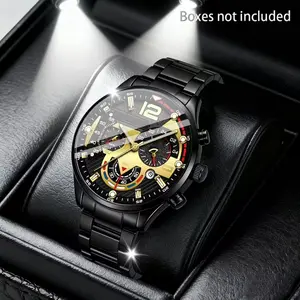 Jam Tangan Pria Quartz Dengan Dial Besar Dan Tali Baja Jam Tangan Mewah Untuk Gaya Bisnis Kasual Hadiah Stylish Untuk Para Pria(NO BOX)