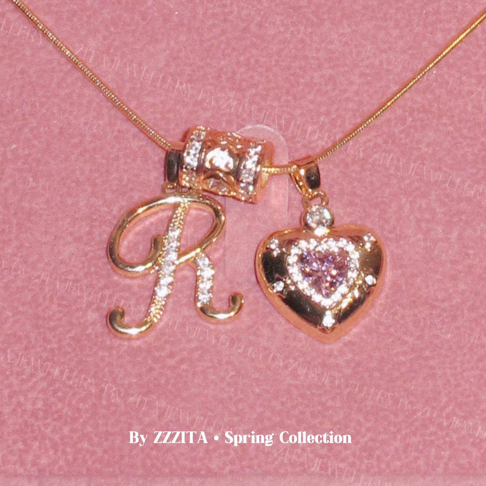 สร้อยคอ TK Girl Heart Letter ชุด DIY ชุบทอง 22k โซ่สแตนเลสแท้ จี้เพชรซิรคอน