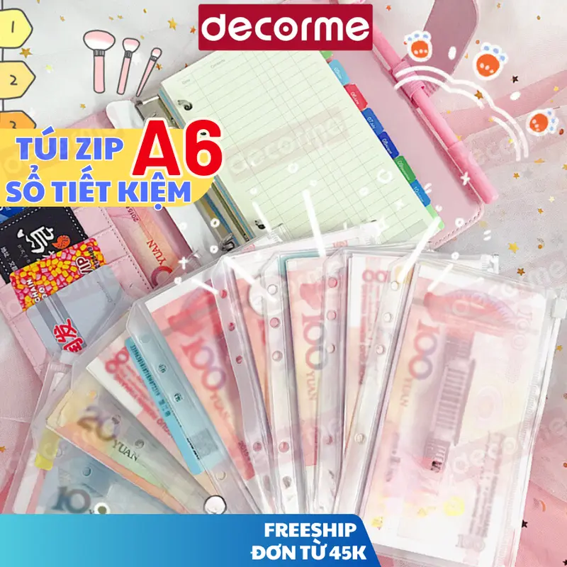 Túi zip sổ tiết kiệm DecorMe túi zip A6 đựng tiền, đồ cá nhân, gắn sổ tiết kiệm, sổ tay tiện lợi chống nước 0