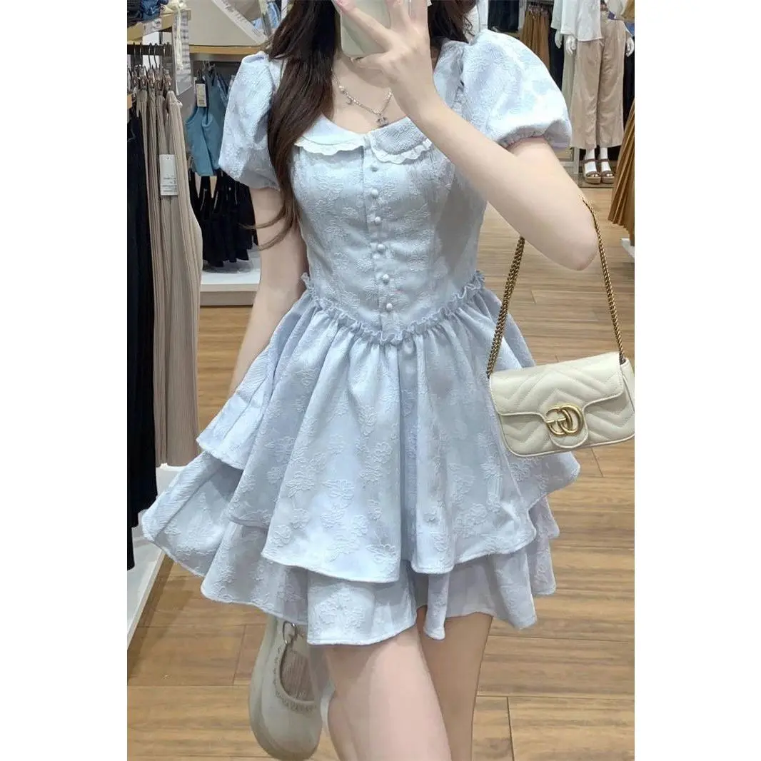 2025[4971 People Collection] Summer New Blue Color Dress Female Sweet First Love Escape Princess Dress Waist Slimming Puffy Flab Hiding A- line Skirt