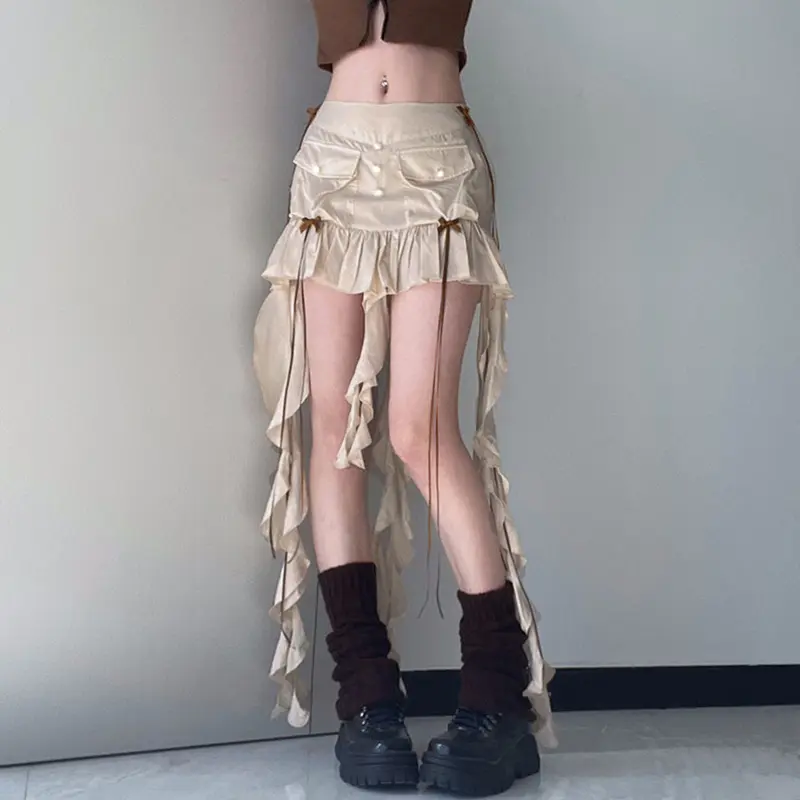 Women's Summer Ruffled Mini Skirt with Long Ribbon, Low Waist Bowknot Short Pleated Skirt Streetwear Skirt Pleated