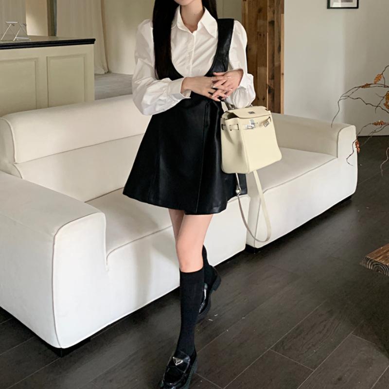 Bộ Váy Vest Da, Chất Lượng Cao Cấp, Dành Cho Nữ, Thích Hợp Cho Mùa Xuân Và Mùa Thu, Phong Cách Hàn Quốc, Thời Trang, Bao Gồm Áo Sơ Mi Màu Top Women 2
