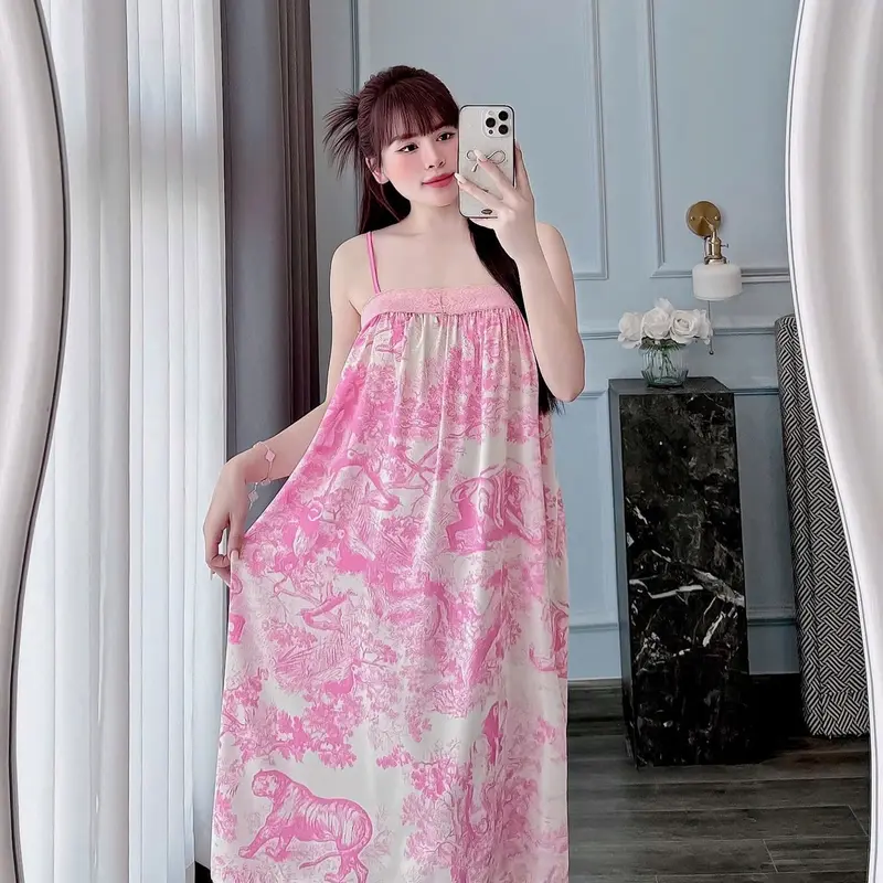 (TẶNG QUẦN)Đầm Ngủ 2 Dây Phối Ren Lụa Latin Tơ Tằm Size 40kg Đến 65kg 6