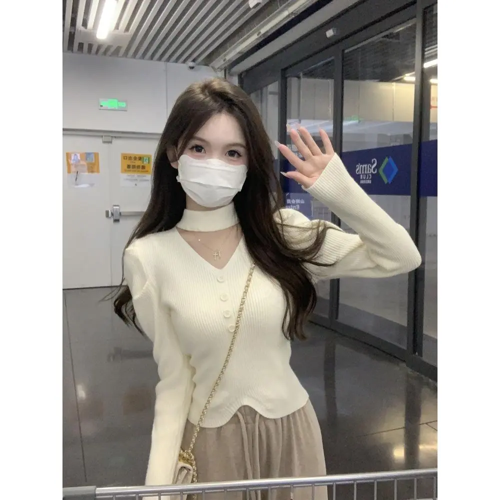 Áo Len Cổ Yếm Thiết Kế Đẹp Giá Trị, Tay Phồng Cắt Xẻ, Ôm Sát, Dài Tay, Dành Cho Nữ, Hàng Mới Về Mùa Thu, Áo Sơ Mi Lớp Nền, Phong Cách Trang Trọng