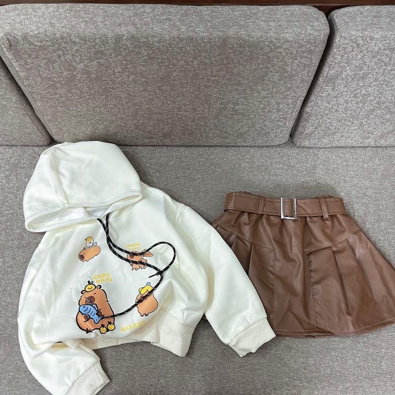 Set áo nỉ hoodies kèm chân váy da nâu chất mềm đẹp bé gáii