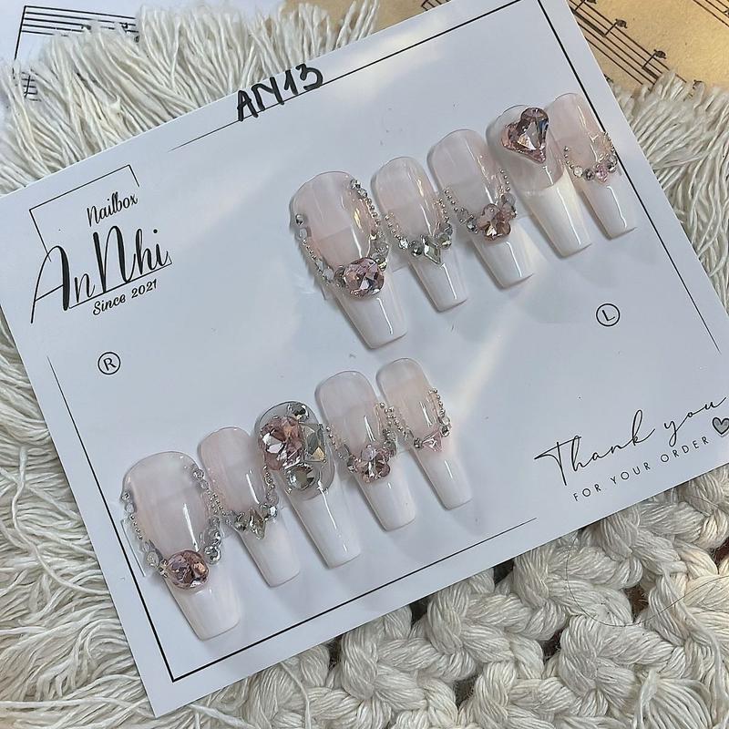 Mã AN13 nailbox thiết kế sơn gel thạch hồng frend trắng đính đá mix trắng hồng