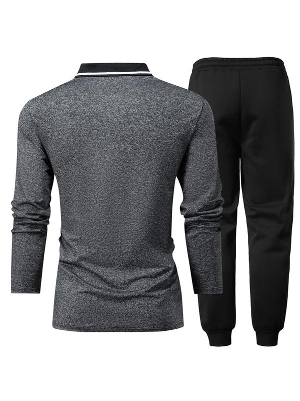 Men's Plain Button Front Polo Shirt & Drawstring Waist Pants Set, Regular Fit Long Sleeve Collared Top & Jogger Pants, Men Two-piece Outfits for Spring & Fall 6