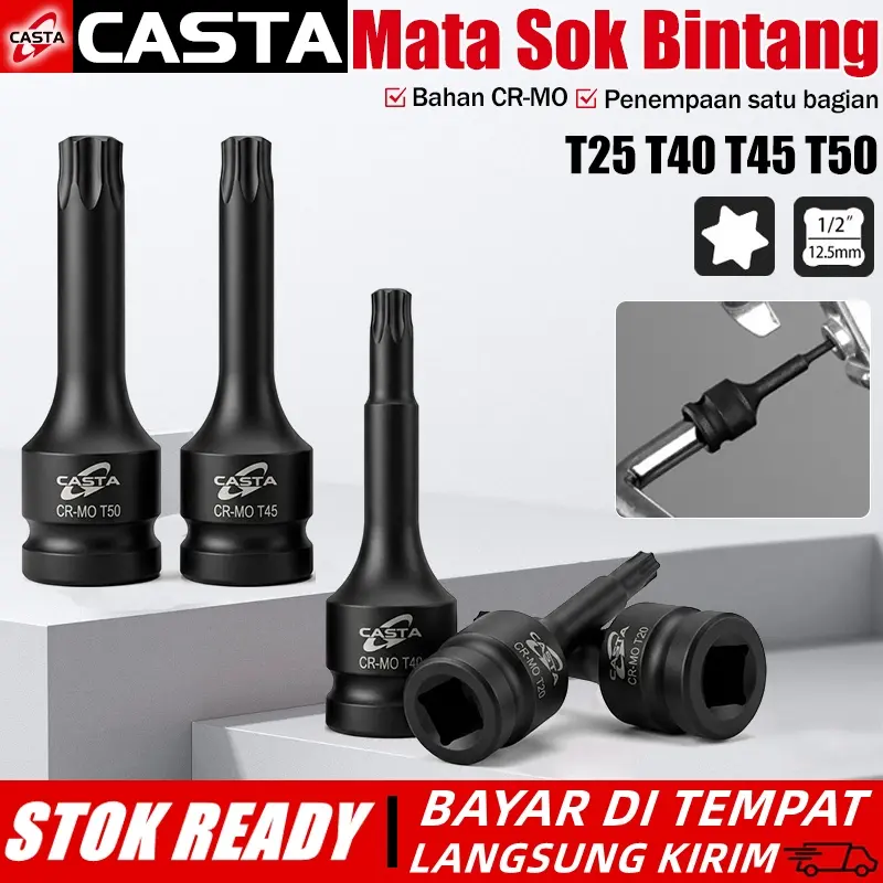 CASTA Mata Kunci Shock Torx Impact Socket Star Bit 1/2 Inch T25 T40 T45 T50 CRMO Steel Panjang 78mm untuk Bengkel Mobil Motor Presisi Tinggi Tahan Benturan Anti Karat Kuat untuk Pekerjaan Berat