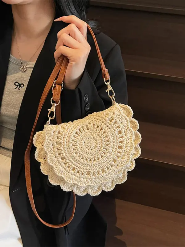 Women's Solid Color Straw Bag, Fashionable Hollow Out Crochet Design Crossbody Bag for Daily Used, Casual Trendy Versatile High-quality Daily Commuting Bag 3
