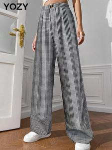 YOZY Women's Plaid Print Button Elastic Waist Wide Leg Pants, Elegant Fashion Casual Trousers for Daily Outdoor Wear, Ladies Bottoms for Summer