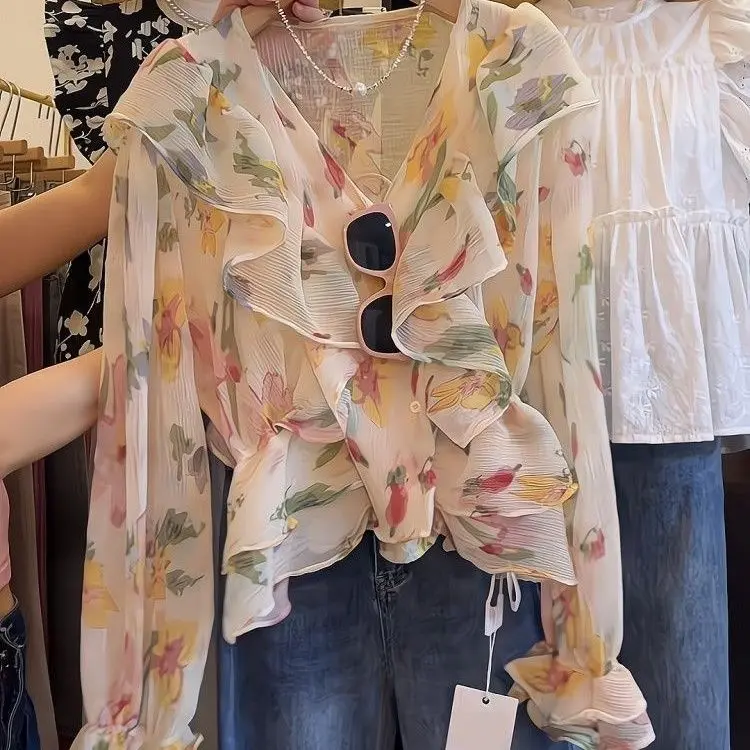 Blaus Musim Panas, Leher V, Rekaan Bunga, Gaya Perancis, Elegan dan Beropol, Cetak Tidak Teratur, Bahan Sifon, untuk Wanita, Koleksi Orang 2862, 2024 Ketibaan Baru Blouses Shirts