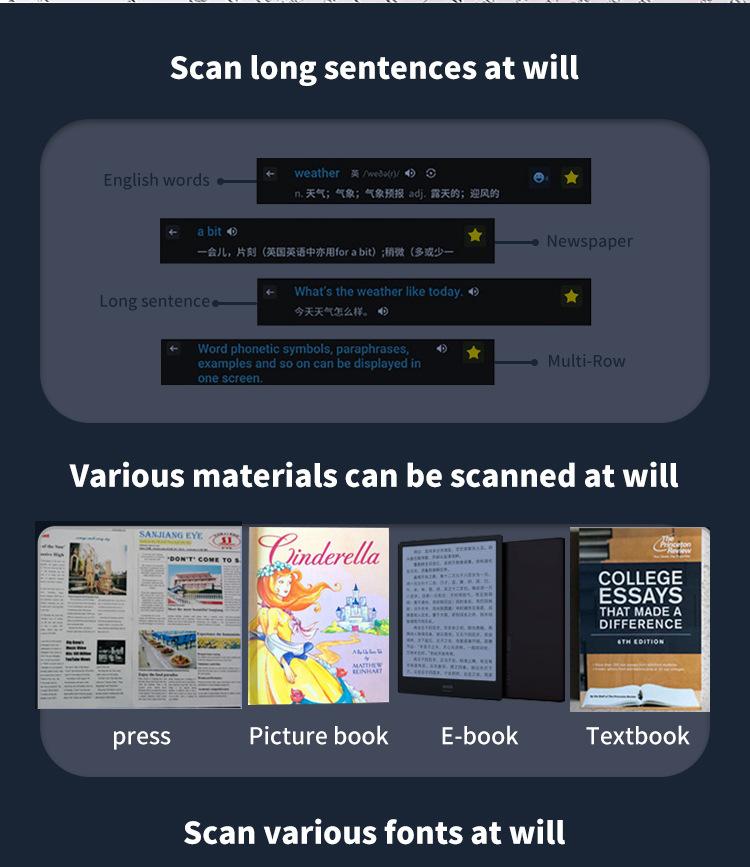 Product Introduction of A3X Multilingual Scan Translator Pen 12 Offline 112 Online Languages OCR EN/DE/FR/JA/KR/Cantonese 2.23 "Portable 3 Colors ABS Android/Li-ion Translation Pen 24