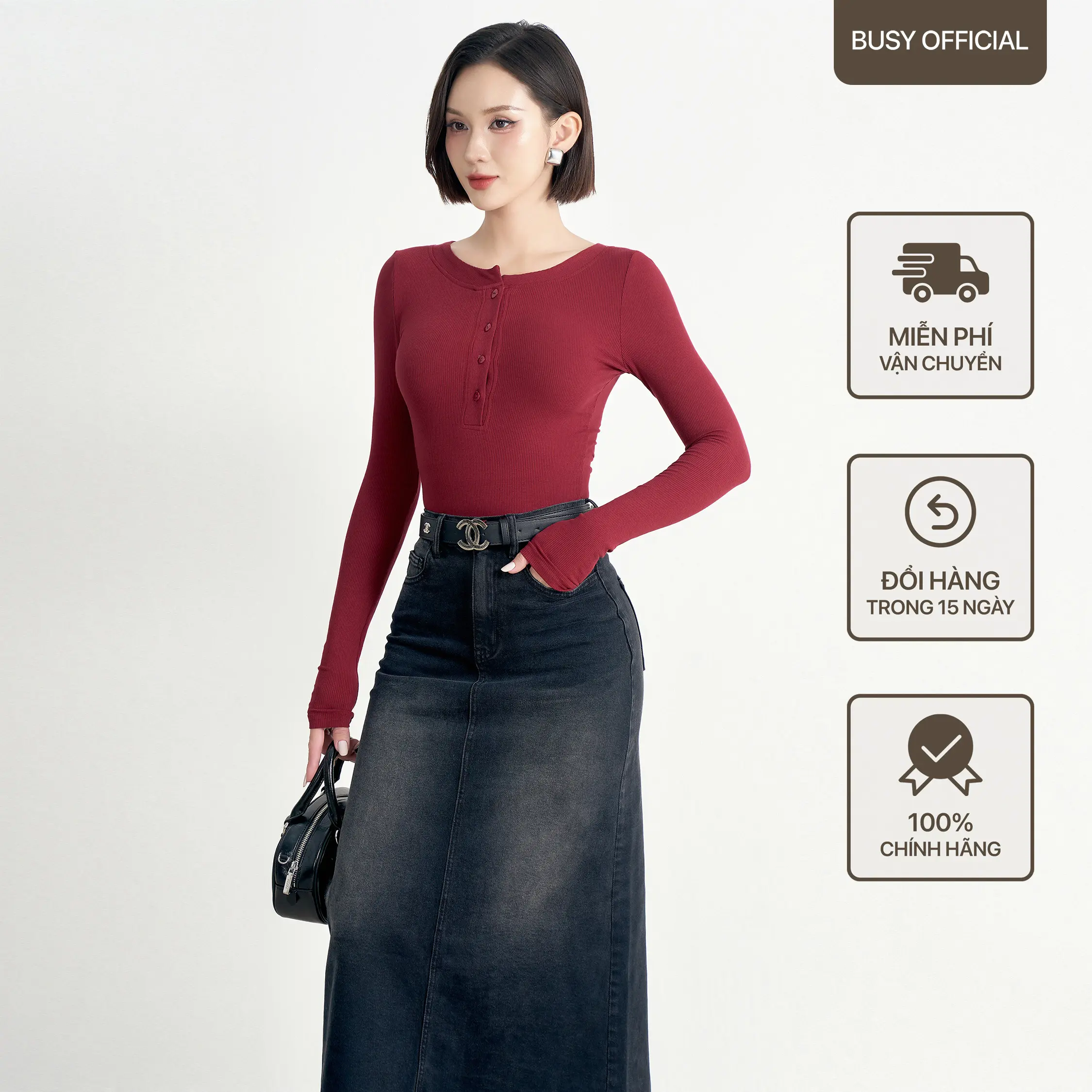 [BUSY] Áo Dài Tay Cổ Trụ Dáng Thường Nữ BUSY Tăm Rayon Co Giãn Ôm Sát DT17T Women