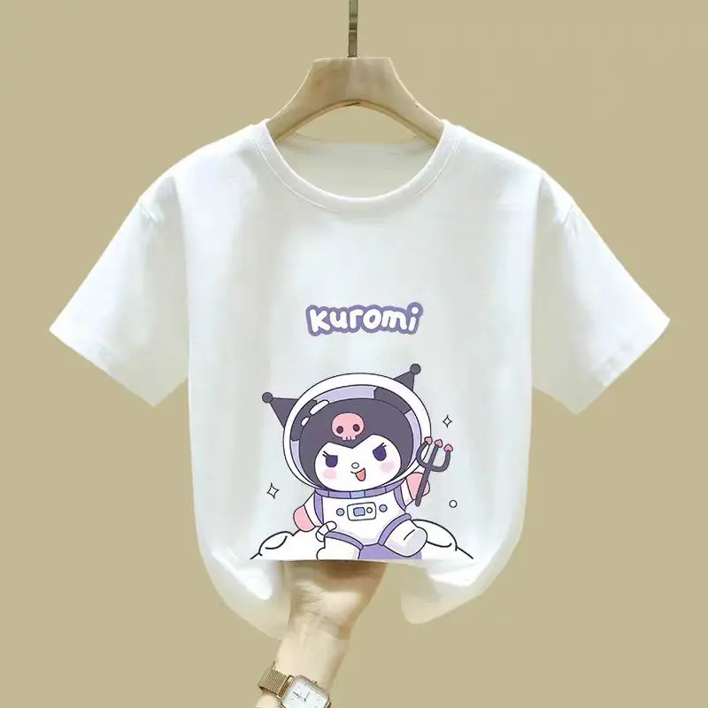 Korean version of short sleeved t-shirt for boys and girls, 2024 new summer outfit Kuromi Japanese cartoon children's half sleeved western-style top