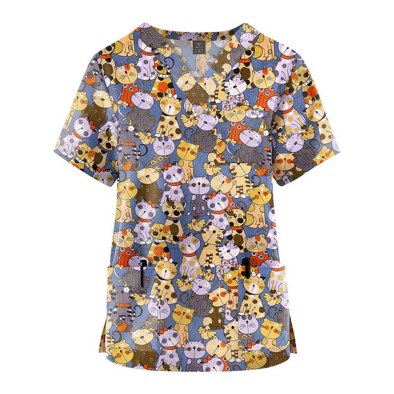 Product Introduction of Newest Fashion Unisex Nurse Doctor Uniform Workwear Scrub Top Cotton V-Neck Short Sleeves Pocket Printed T-Shirt (Size:S-XXL) 29