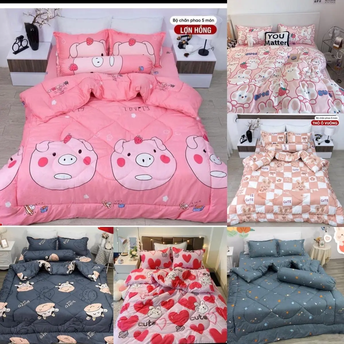 Set ga gối 5 món chăn phao tone màu hồng xinh xắn dễ thương nhiều mẫu lựa chọn