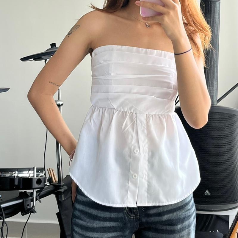 Áo ống cúp nguc dáng xoè RENSI quây chun xếp ly cài nút sơ mi ôm gọn A01 Nữ Top Trắng 4