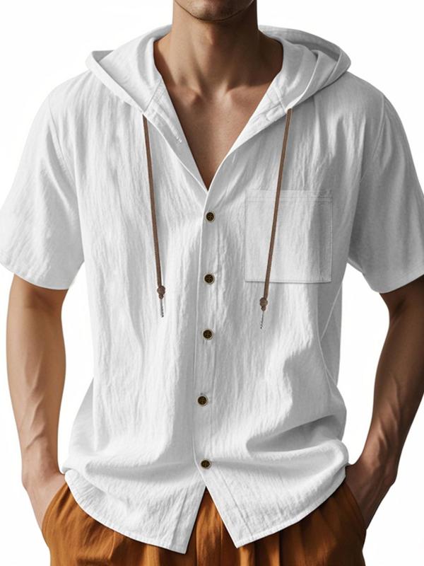 Men's Solid Color Thin Breathable Linen Shirt, Casual Short Sleeve Hooded Top for Summer, Fashion Men's Clothes for Daily Wear, Gamis 2