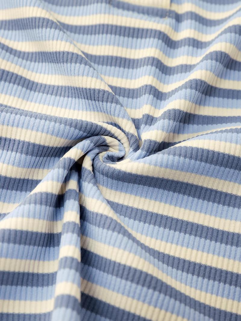 Product Introduction of YOZY Women's Striped Patchwork Print Button Ribbed Tee, Casual 3/4 Sleeve Square Neck T-Shirt for Spring & Fall, Women's Top for Daily Wear 8