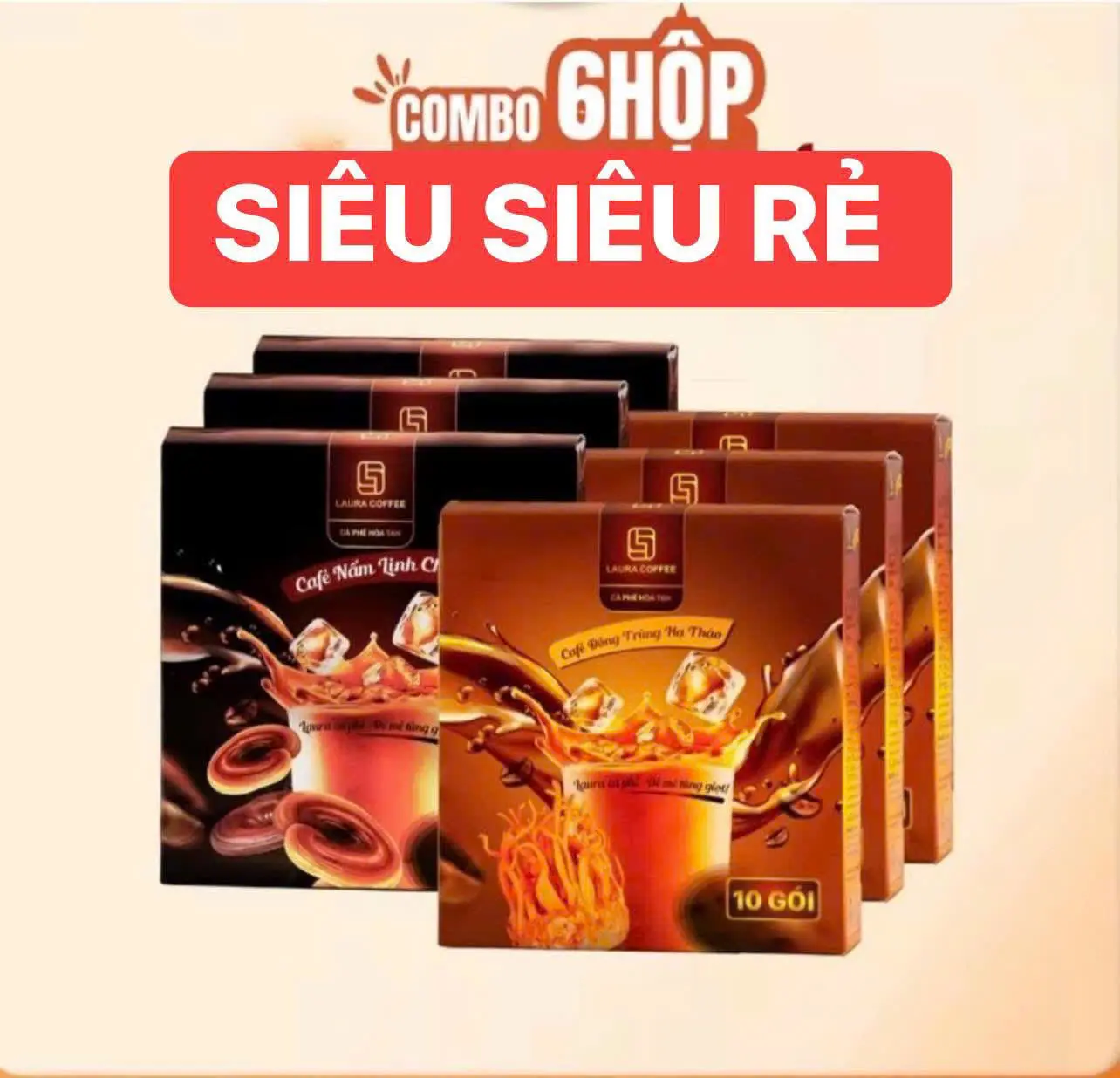 [MÃ 6 HỘP] Cà Phê Laura- 3 Nấm Linh Chi và 3 Đông Trùng Hạ Thảo, hộp 10 gói, 18g/gói