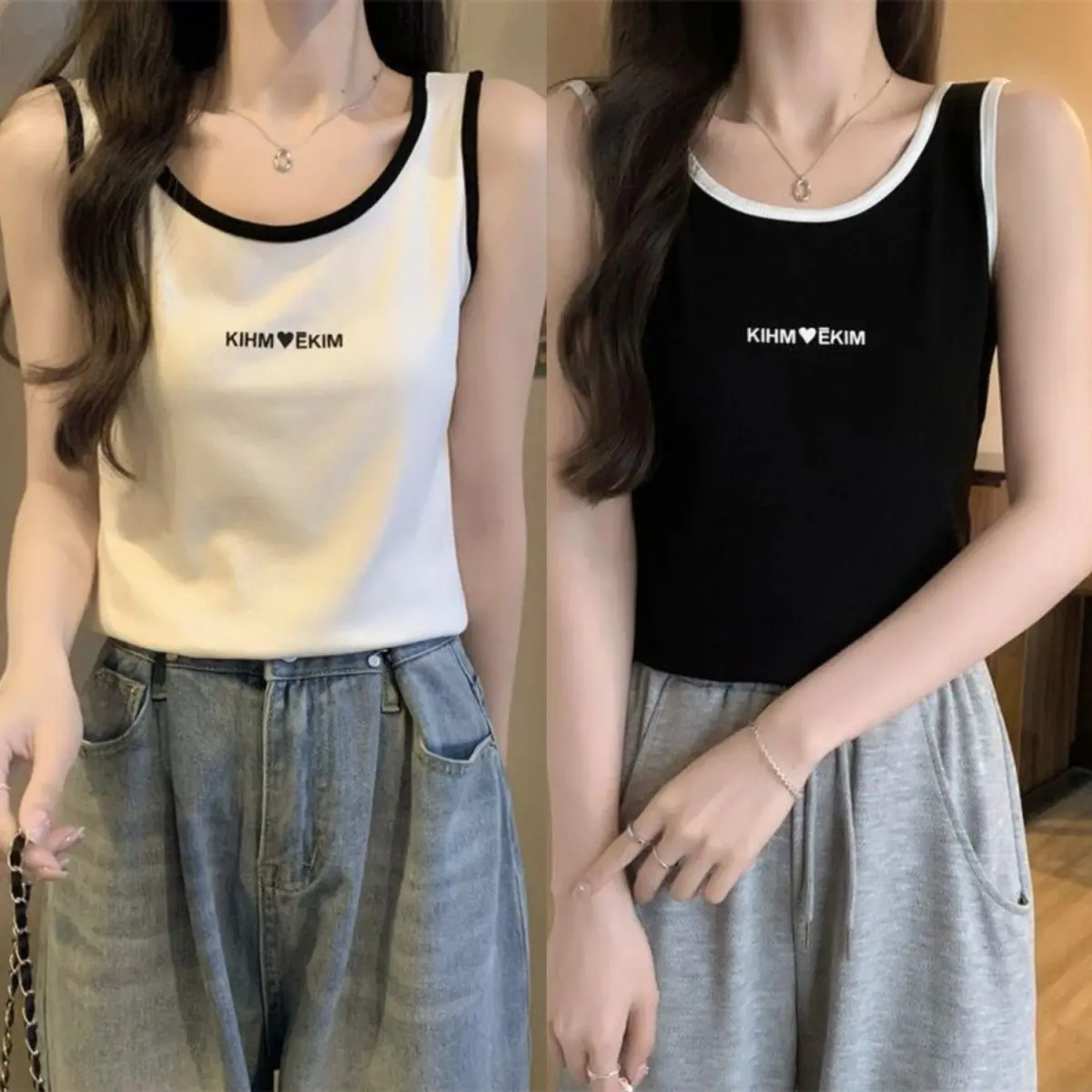 Single/Two Pieces Korean Style Camisole for Women 2025 Outerwear Base Shirt Tummy Concealing Flesh Hiding Inner Wear Sleeveless Color-Block Top
