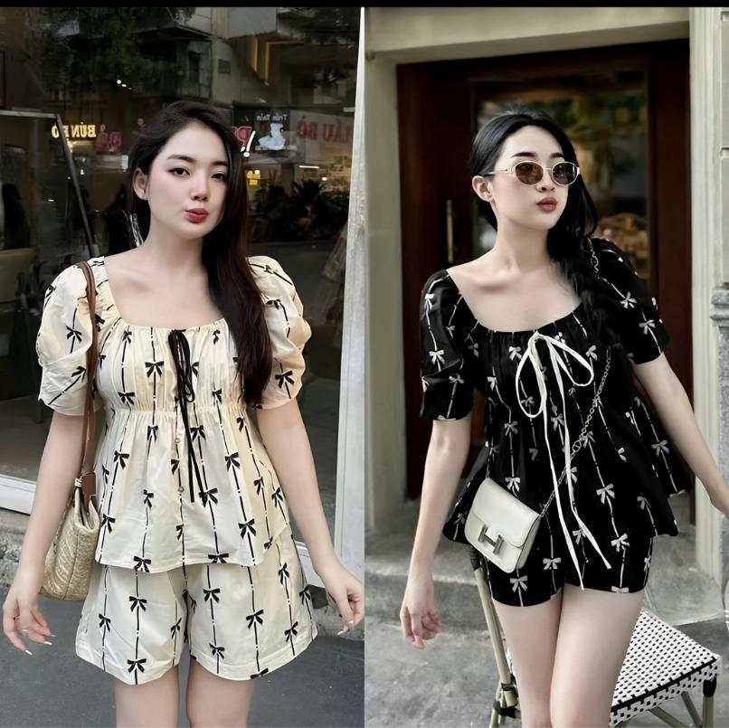 Thời Trang Bigsize Set quần áo nữ dạng Áo cổ vuông tay ngắn Quần đùi thoải mái Diện Hè Chất vân Sóng Bigsize Từ 40 - 95Kg Nữ Top Women Xoè - A.1491