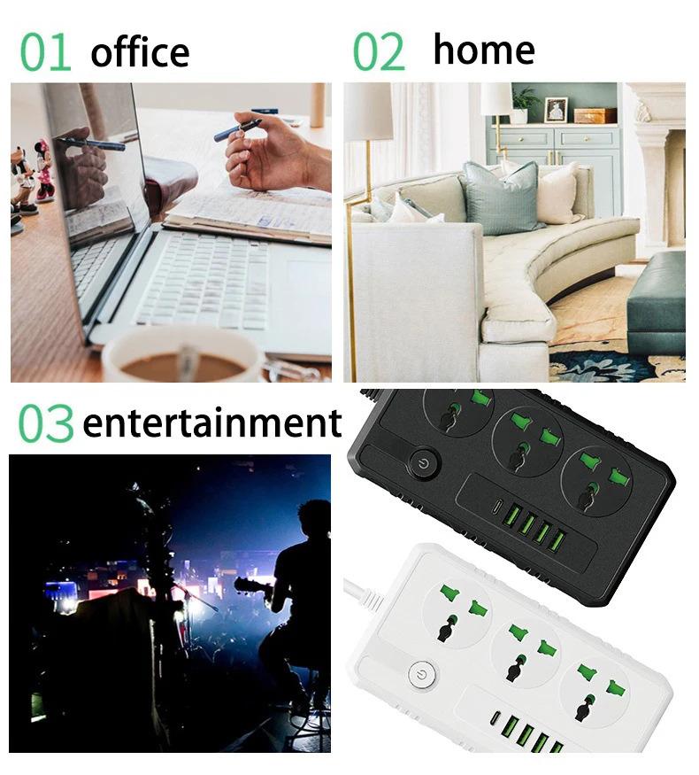 Product Introduction of US UK EU Plug Power Strip with 4 USB 1 Type-C Port 2M Extension Cord Socket Surge Overload Protector Universal Multi Outlet 20