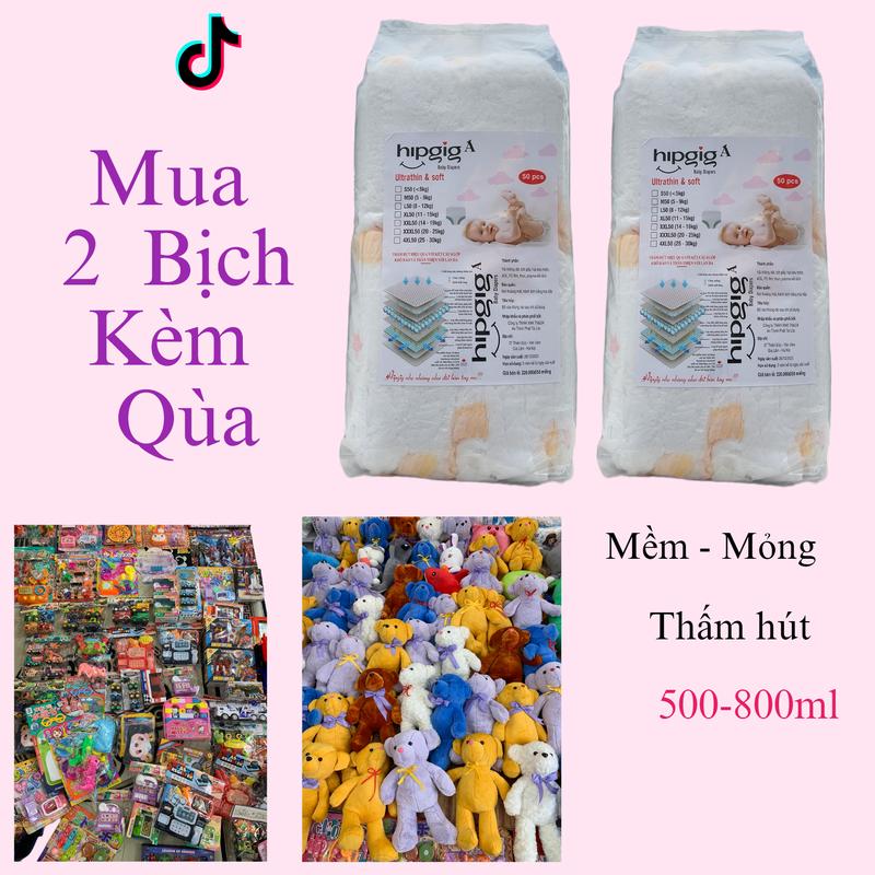 100 miếng  Tã/bỉm Hipgig A From Bo mỏng ,Bỉm mềm mỏng phù hợp bé tè ít đủ size M/L/XL/XXL/3XL/4XL/5XL thấm hút 500ml -800ml ,An toàn Cho Bé (kèm quà ) Voi