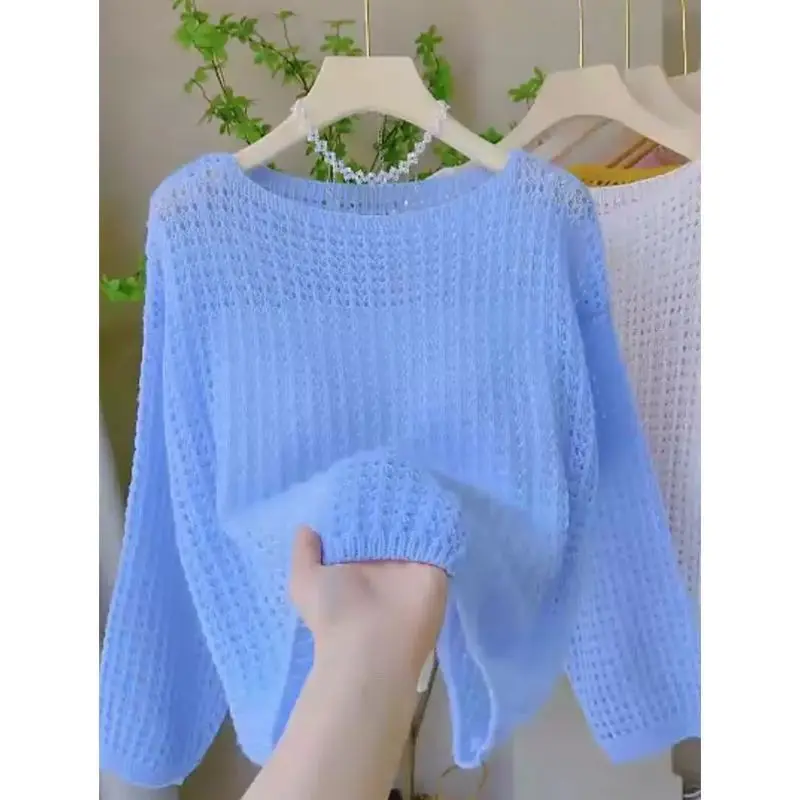 Thin Hollow-out Knitted Blouse Women's Spring and Summer New Korean Style Loose Western Style Simple All-Match See-through Long Sleeve Sun Protective Top Knitwear Womenswear