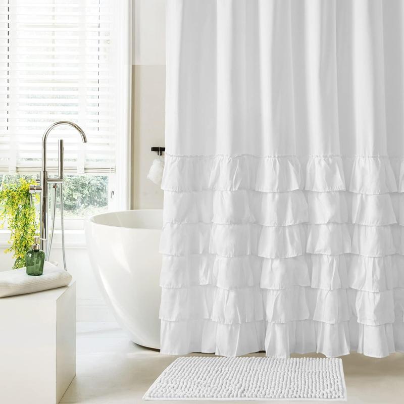 Product Introduction of Ruffle Trim Bathroom Curtain, 1 Count Solid Color Bathroom Decorative Curtain with Hooks, Bathroom Accessories, Home Decor Supplies for Bathroom 7
