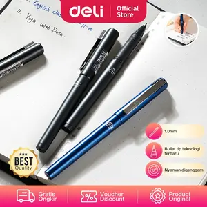 Deli Business Gel Pen / Pulpen Gel Profesional 1.0mm Casing Metal EG61 Biru Hitam