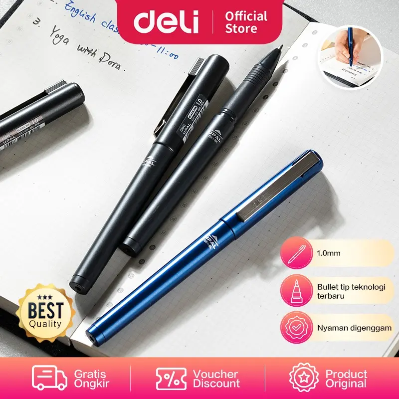 Deli Business Gel Pen / Pulpen Gel Profesional 1.0mm Casing Metal EG61 Biru Hitam