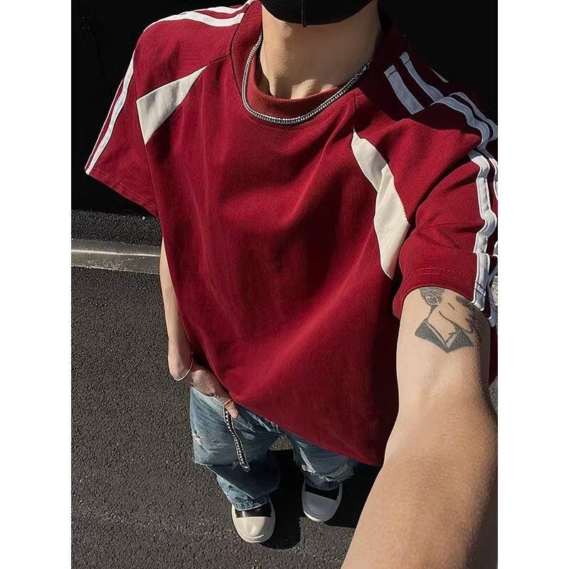 Áo Thun ngắn Tay Khối Màu Ngầu Dành Cho Nam Giới, Thời Trang Đường Phố Hợp Xu hướng Mùa Hè, Phong Cách Cổ Điển Xe Máy Áo Năm Tay Quần Áo Nam Hợp Xu hướng [VT]