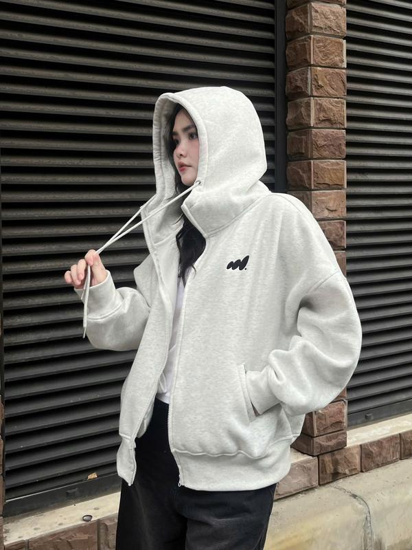 Áo hoodie zip cổ cao Migcool áo khoác nỉ bông form boxy logo thêu basic
