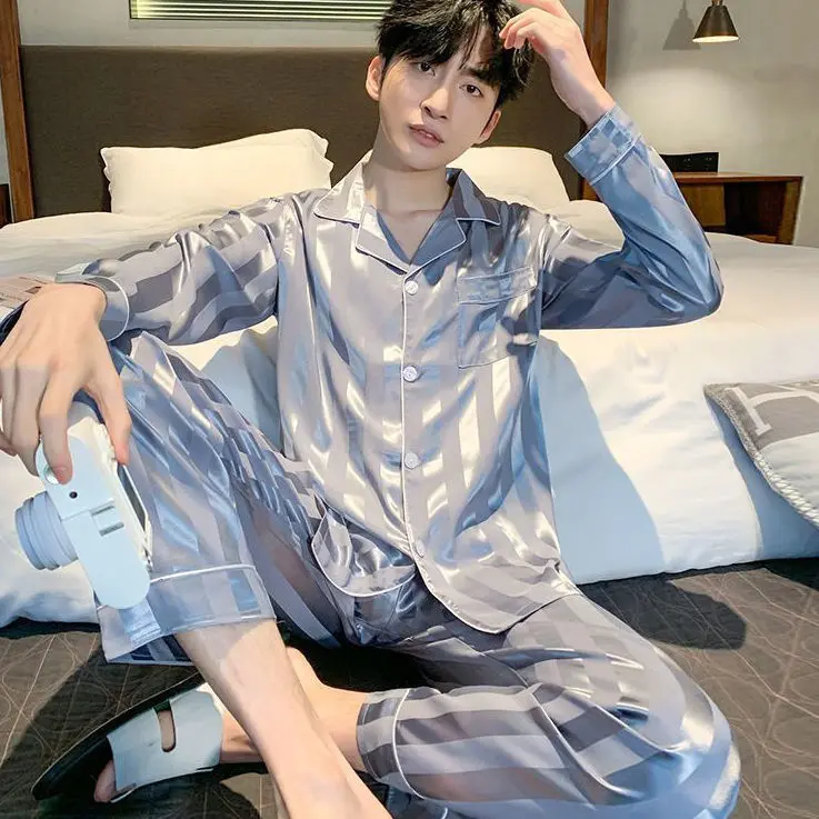 Bộ Đồ Ngủ Mùa Xuân Và Mùa Thu Bằng Lụa Lạnh Dành Cho Nam Giới, Quần Dài Tay Áo, Ngoại Cỡ, Chủ Nghĩa Tối Giản Ngầu Thích Hợp Mặc Nhà, Mặc Mùa Hè, Bộ Đồ Mặc Nhà