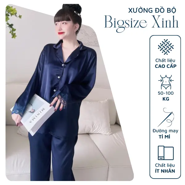 Đồ bộ pyjama tay dài bigsize 50-100kg bộ ngủ lụa latin mềm mát phối ren sang trọng thu đông 2025