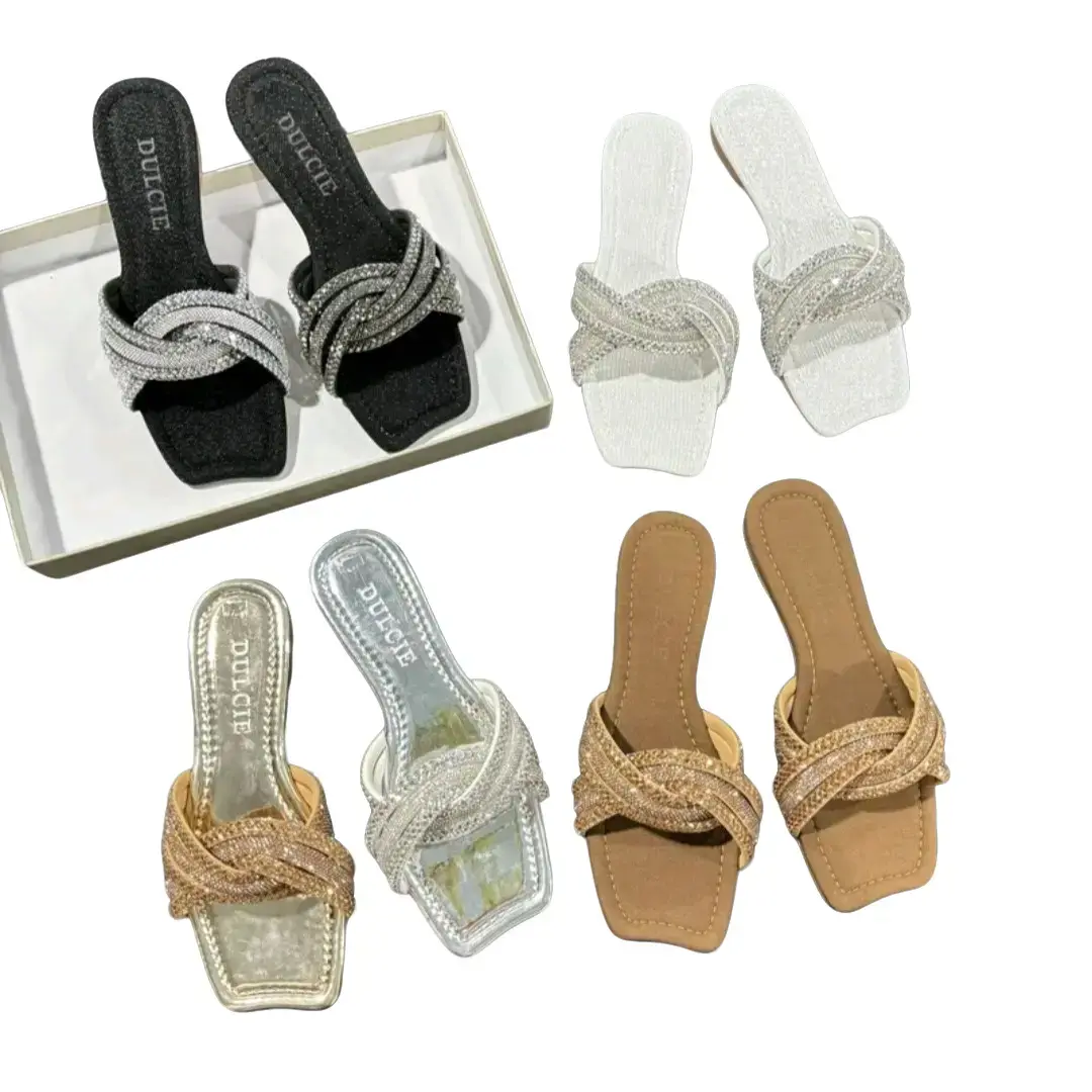 Dép Lê Nữ Dáng Mũi Táo Quai Ngang 6 Dây Đá Xoắn chéo vào nhau Siêu Sáng Đế Chống Trơn Trượt - Chất liệu bóng kính và vải cao cấp