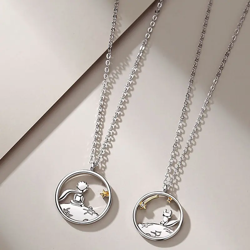 Cartoon Little Prince and Little Fox Necklace, Female Hollow Circular Pendant, Collarbone Chain, Best Friend Gift, Couple Style Necklace