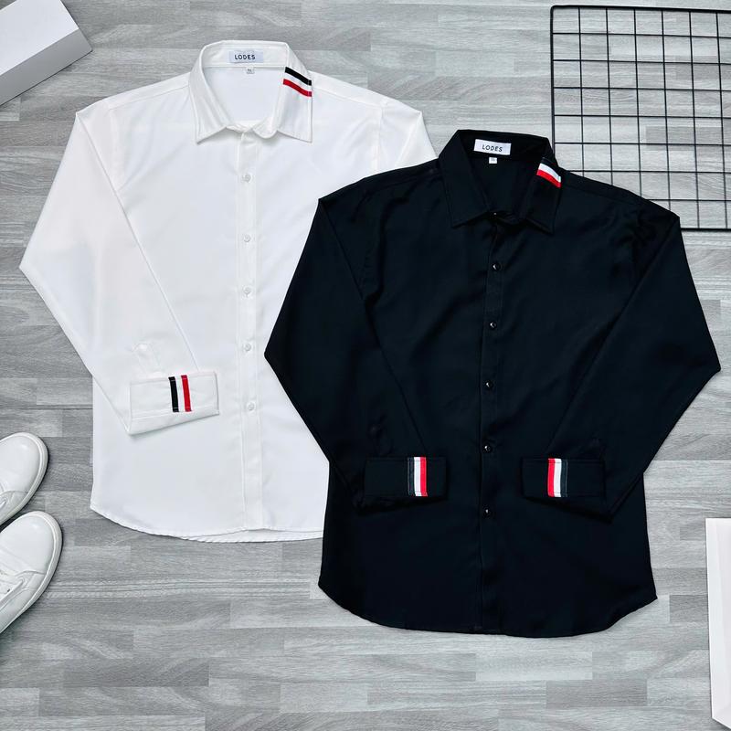 [P149] Áo sơ mi nam tay dài vải chéo phối kiểu dáng đơn giản cá tính năng động màu trắng màu đen có cổ Shirt Menswear Top