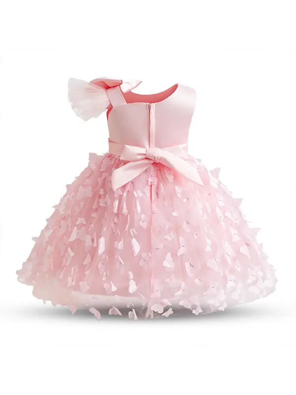Girl's Butterfly Appliques Bow Front Tulle Dress, Cute Romantic Zipper Back Tie Back Sleeveless Fit & Flare Dress for Party Show Perform, Kids Clothes for Fall & Winter 1